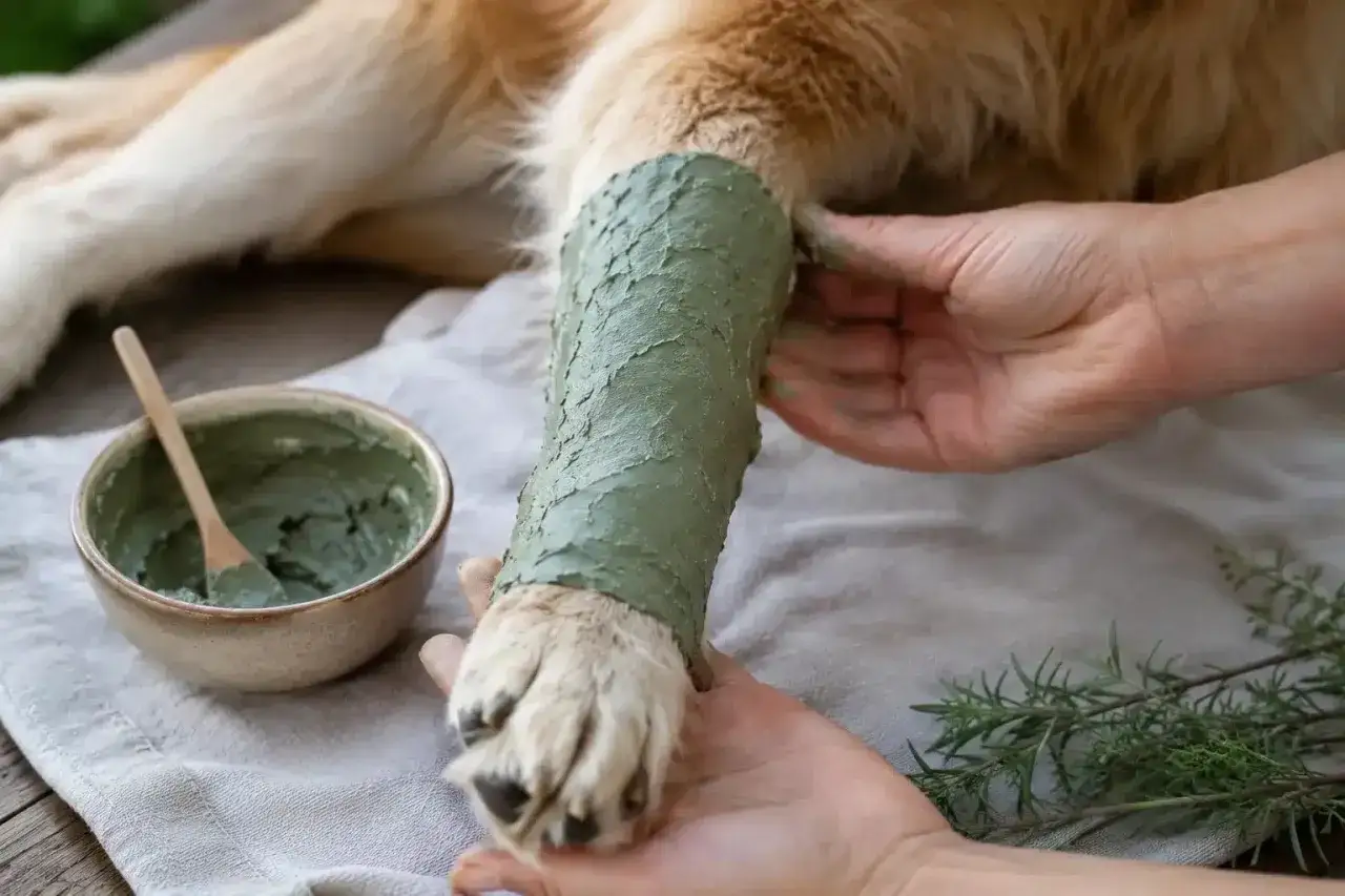 Application d'argile verte sur la patte d'un chien pour un soin apaisant. Un bol d'argile et une cuillère en bois sont à proximité.