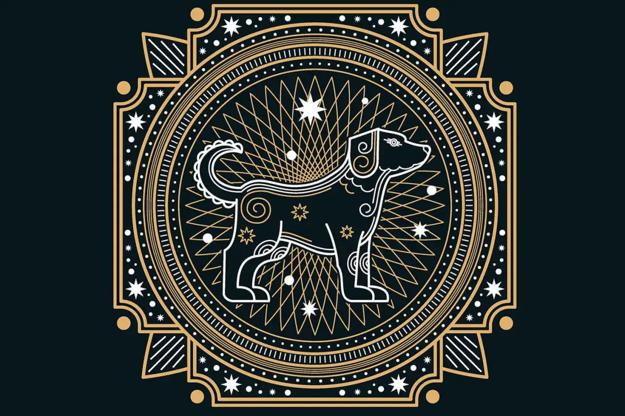 Illustration d'un chien stylis&eacute;, entour&eacute; d'une mandala dor&eacute;e et blanche sur fond noir. Symbole de l'ann&eacute;e de chien.