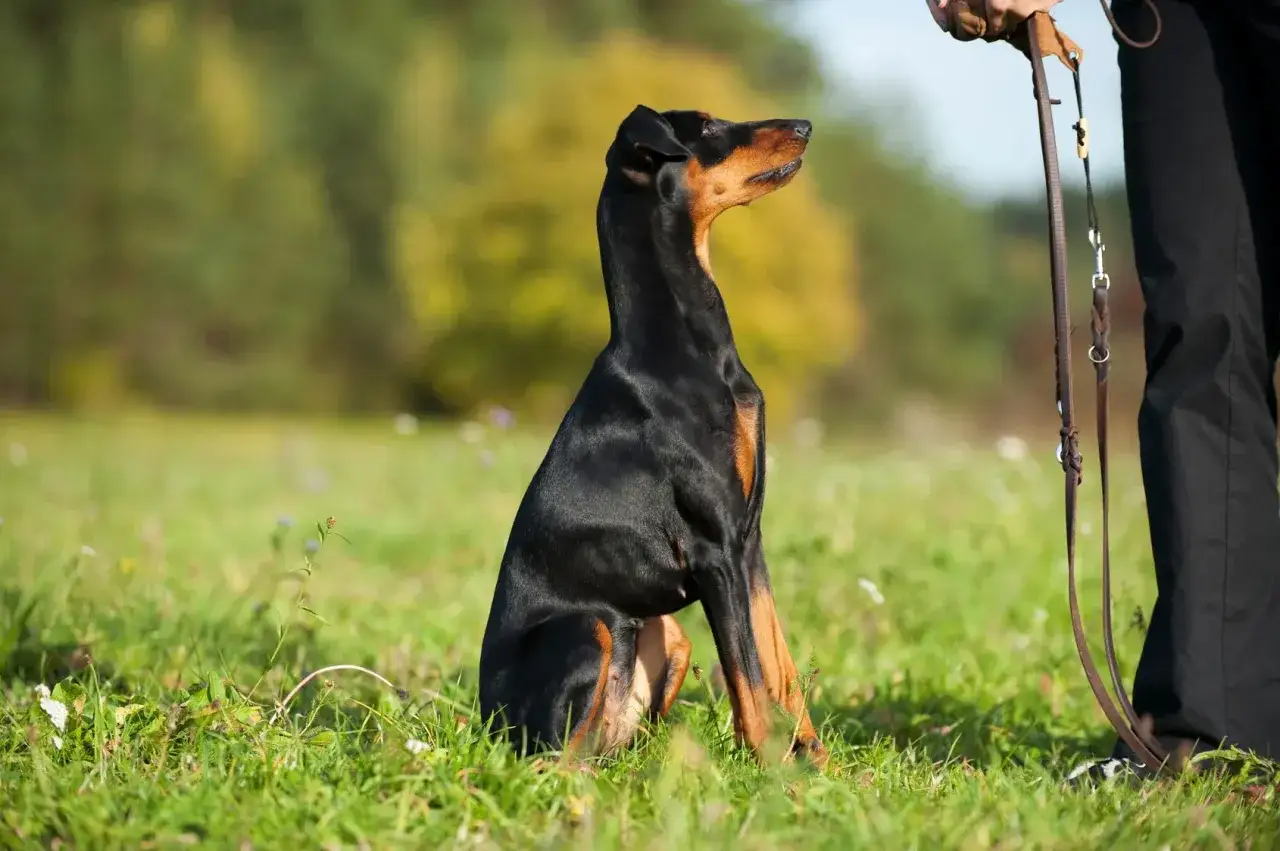Doberman noir et brun, assis dans l'herbe, attend les ordres de son maître. Un vrai chien alpha, prêt à tout.