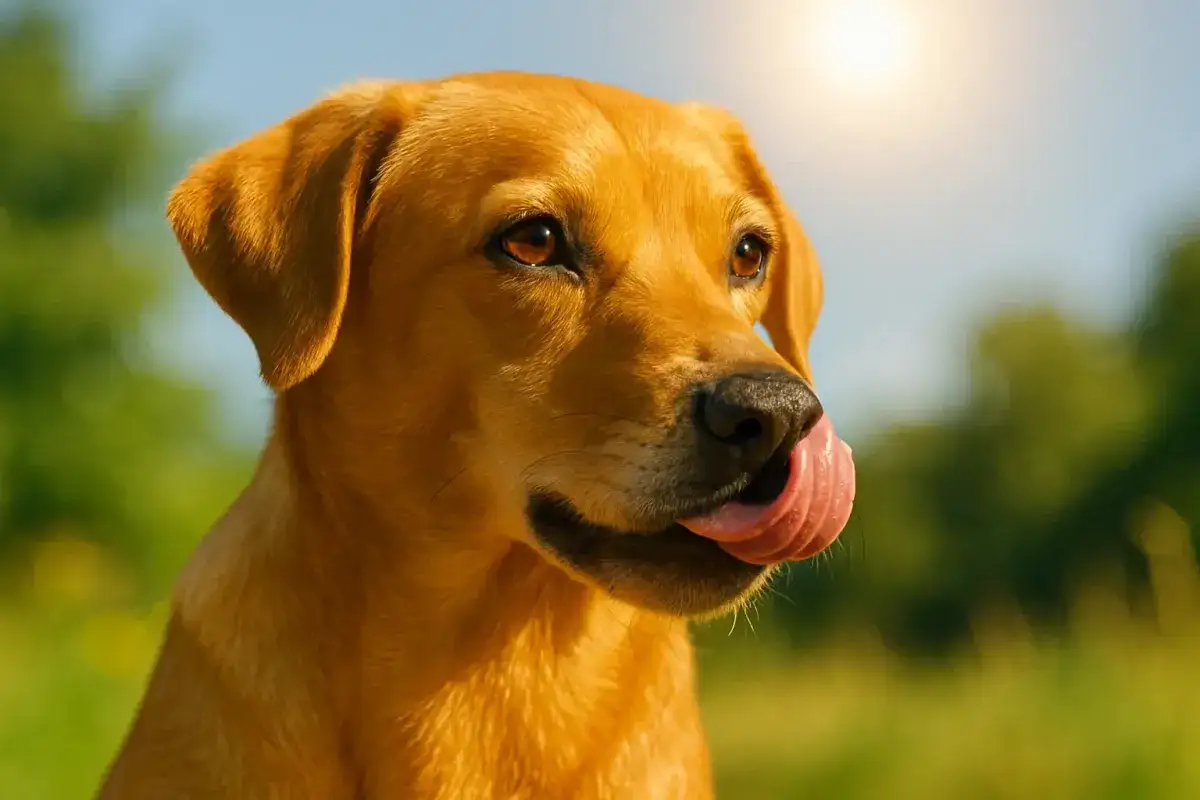 Un chien roux, sous le soleil, fait du bruit avec sa langue, lèche ses babines.