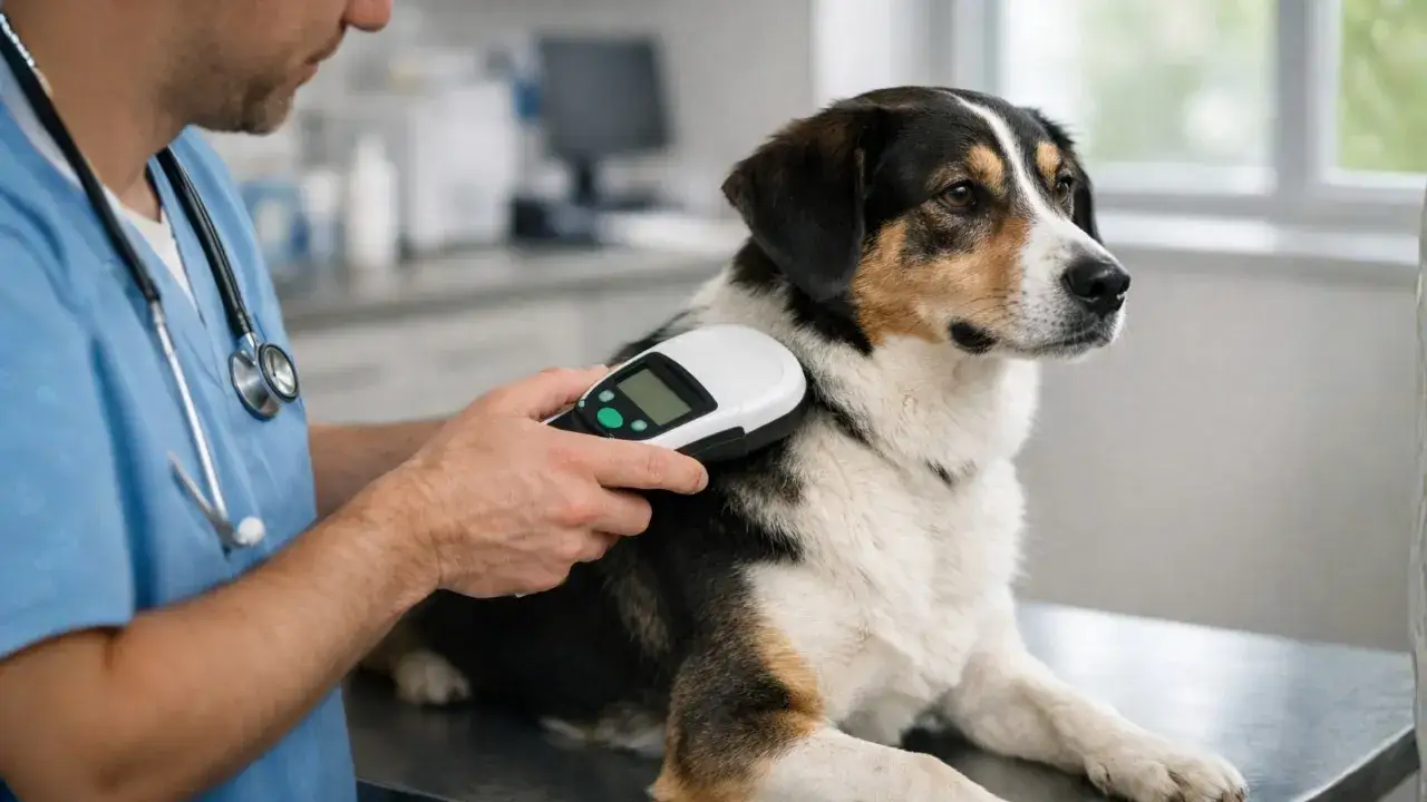 Vétérinaire scannant un chien pour lire son numéro transpondeur.