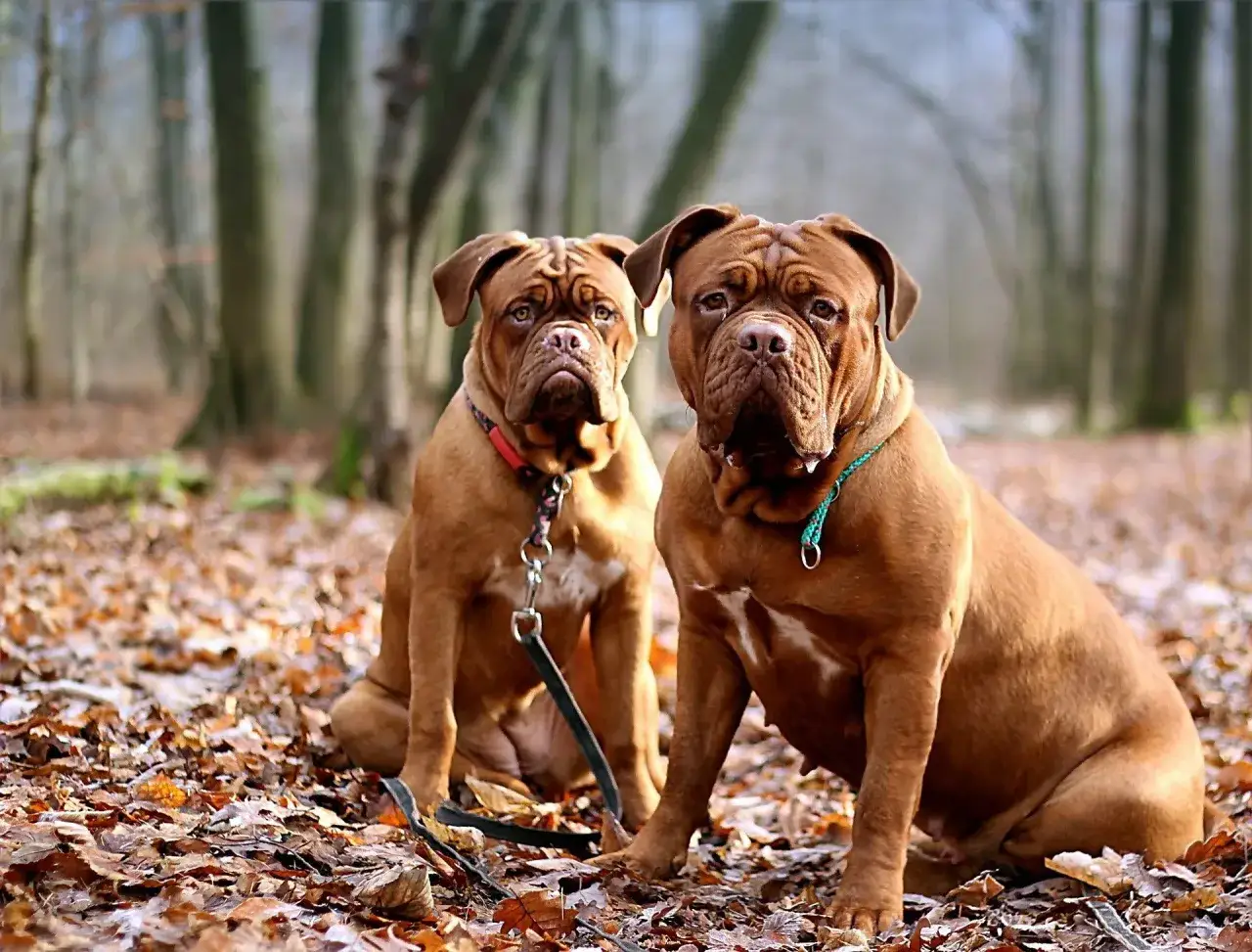 Deux bouledogues am&eacute;ricains bruns, assis sur un tapis de feuilles mortes en for&ecirc;t, regardent l'objectif avec leurs visages rid&eacute;s.