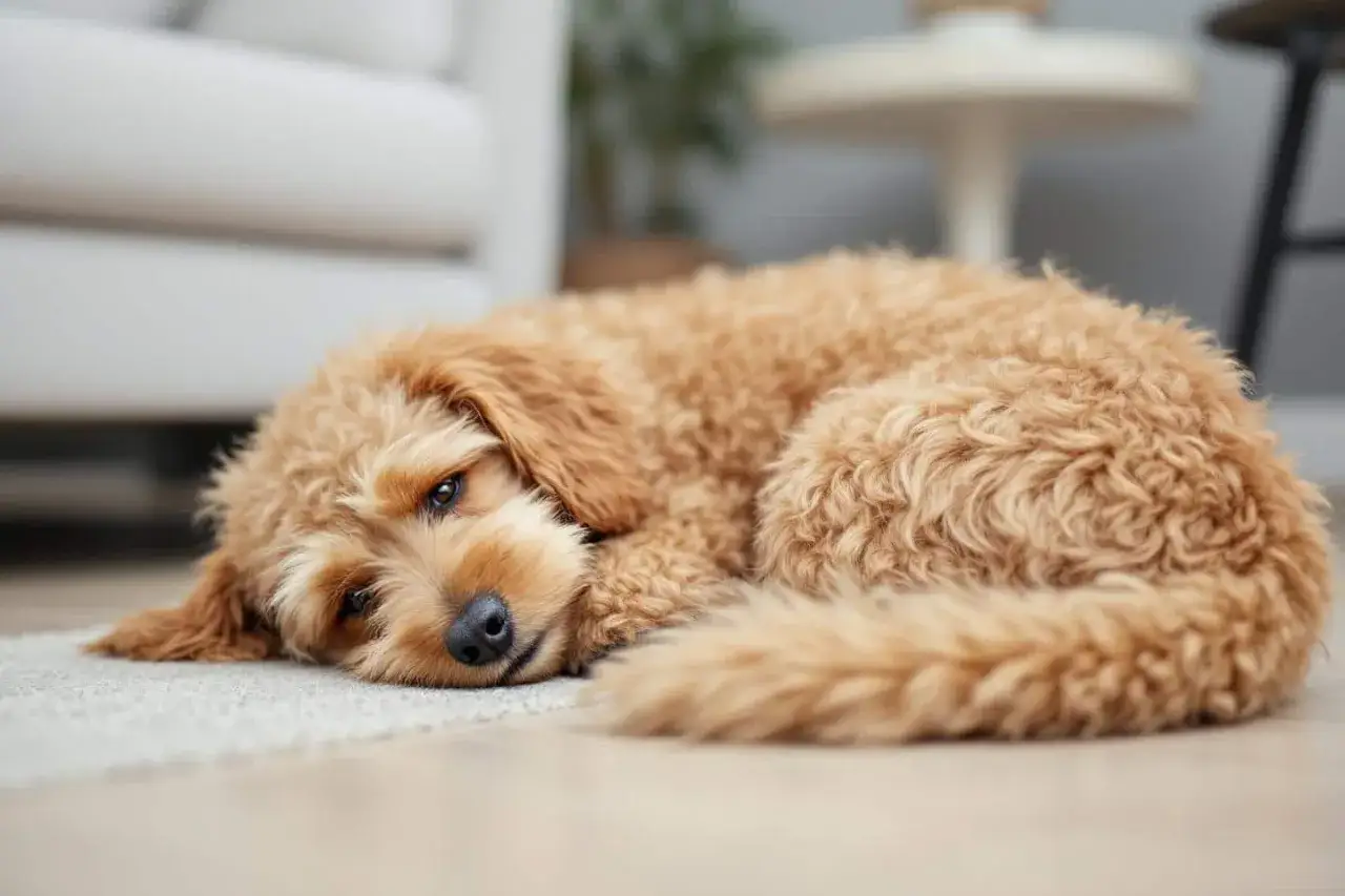 Un chiot golden doodle brun se repose sur un tapis. Apprenez comment calmer son chien rapidement avec des astuces douces.