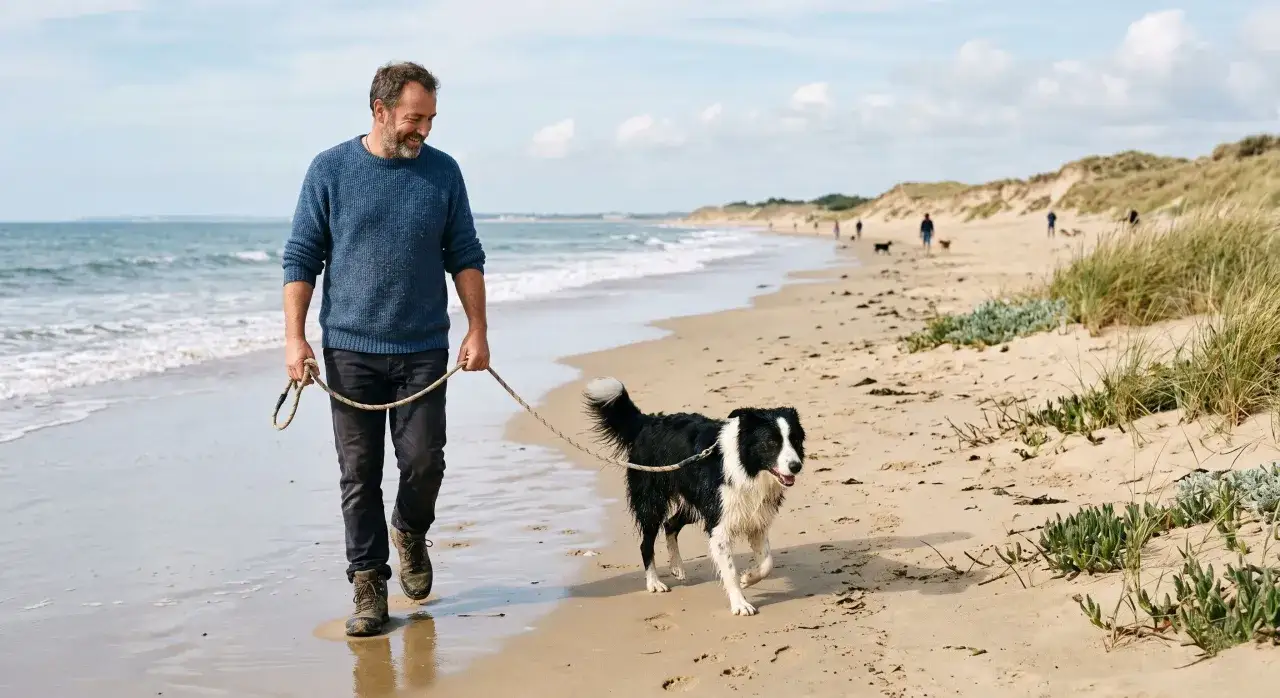 Un homme et son chien profitent d'une promenade sur la plage de Pornic. Le chien, un border collie, court joyeusement sur le sable mouillé.