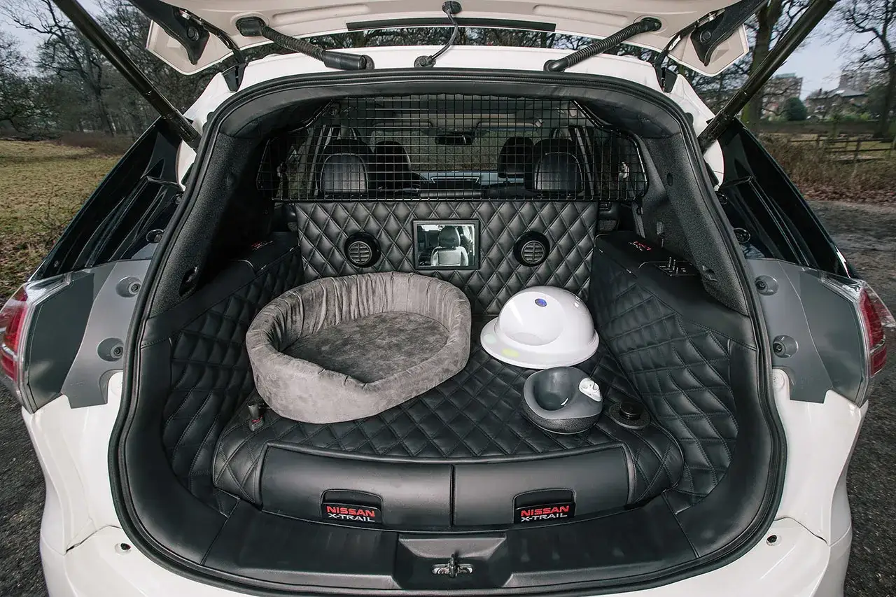 Coffre aménagé d'une voiture avec un grand coffre pour chien, comprenant un coussin douillet et des accessoires pour le confort de votre compagnon.