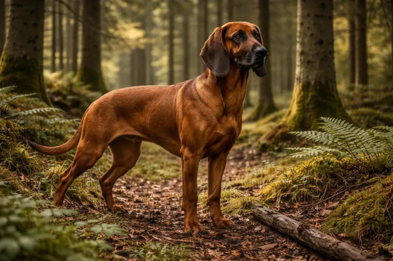Un chien de sang, fidèle compagnon de chasse, se tient alerte dans une forêt brumeuse, prêt à suivre la piste.