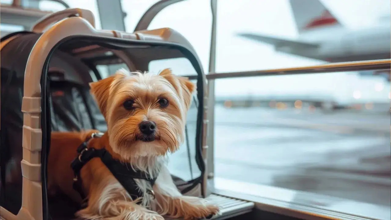 Petit chien dans sa cage de transport, prêt à voyager. On aperçoit un avion par la fenêtre de l'aéroport Charles de Gaulle.