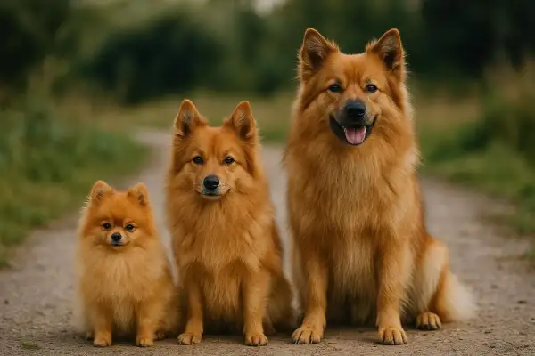 Trois chiens de race spitz moyen, de tailles différentes, posent sur un chemin. Le plus petit est un chiot, le moyen et le plus grand sont des adultes.