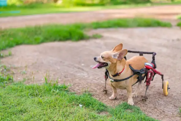 Un petit chien handicapé, un chihuahua, profite de l'extérieur avec son fauteuil roulant.