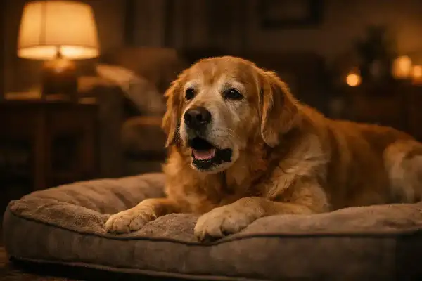 Un vieux chien golden retriever, allongé sur son coussin, semble avoir un petit chien qui tousse. La lumière tamisée d'une lampe crée une atmosphère chaleureuse.