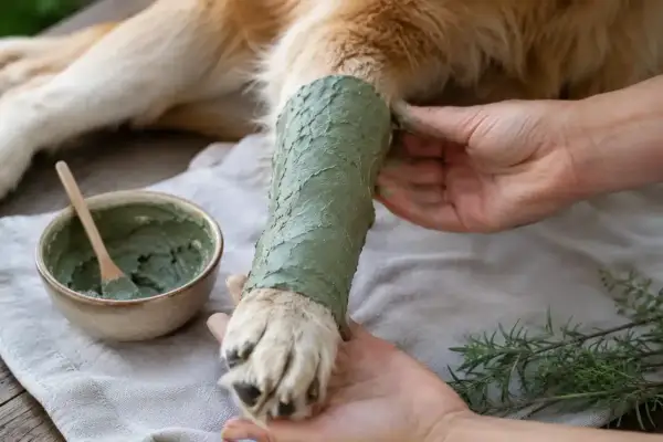 Un chien reçoit un soin apaisant avec de l'argile verte appliquée sur sa patte. Un bol d'argile et une cuillère en bois sont à proximité.