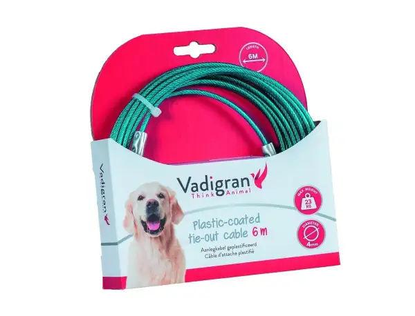 Câbles et piquets d'attache pour chiens : un câble de 6m, plastifié, pour attacher votre chien en toute sécurité. Supporte jusqu'à 23kg.