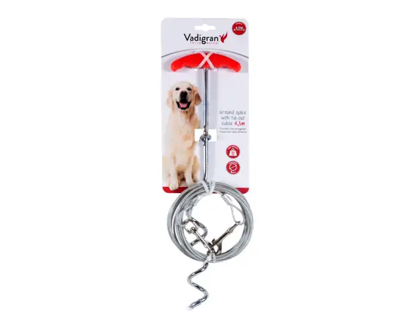 Piquet attache chien Vadigran avec câble de 4,5m. Idéal pour laisser votre compagnon en toute sécurité à l'extérieur.