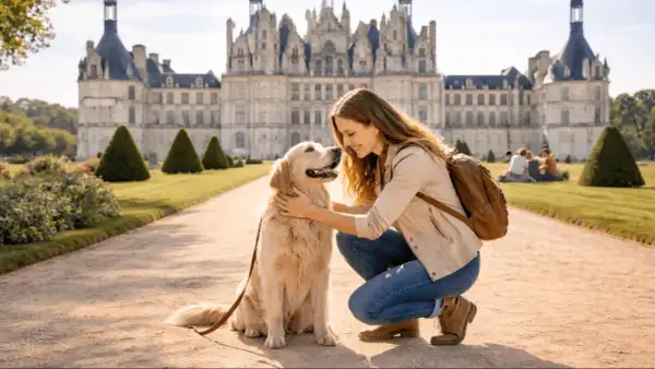 Une jeune femme profite d'une visite château avec son chien, un golden retriever, dans les jardins.