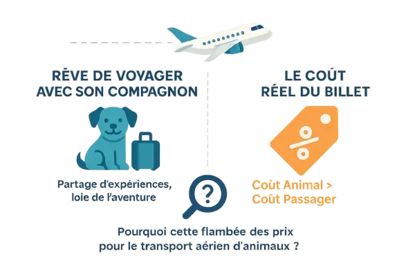 Un avion survole un chien avec une valise, symbolisant le rêve de voyager avec son compagnon. Le coût animal est supérieur au coût passager, interrogeant sur le tarif fret animaux.