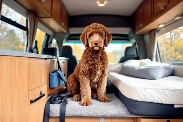 Un adorable chien est assis dans un camping-car, prêt pour l'aventure.