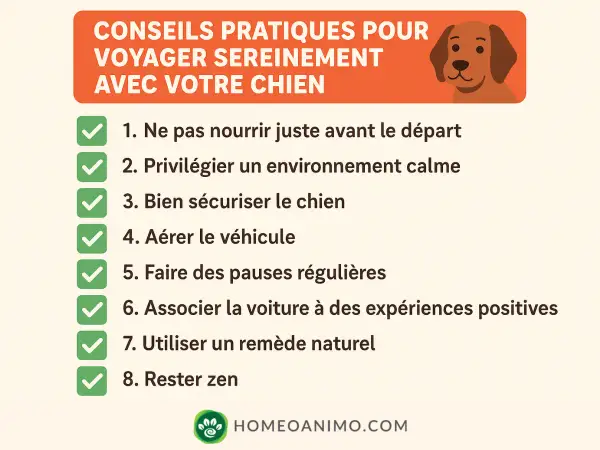 Conseils pour un chien stressé en voiture : ne pas nourrir avant, calmer l'environnement, sécuriser, aérer, faire des pauses, expériences positives, remède naturel, rester zen.