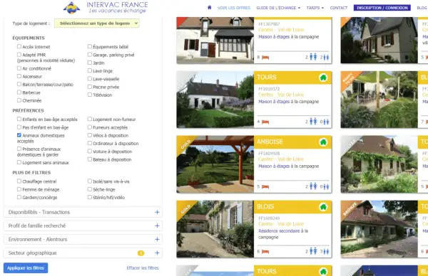Recherche d'un échange maison garde animaux. Filtres actifs : animaux domestiques acceptés. Nombreuses offres de maisons à la campagne.