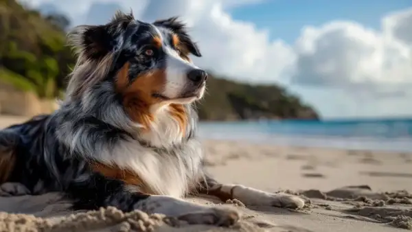 Un magnifique chien au pelage tricolore se repose sur une plage de sable fin, contemplant l'océan. Une question se pose : à quel âge emmener son chiot à la mer pour une première expérience ?