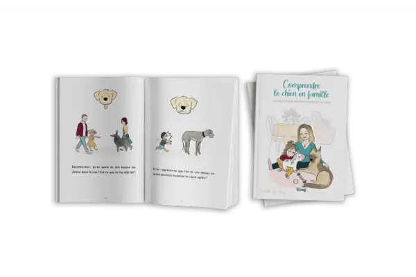 Illustrations d'un livre pour apprendre à communiquer avec son chien. Une famille interagit avec des chiens, abordant la compréhension mutuelle.