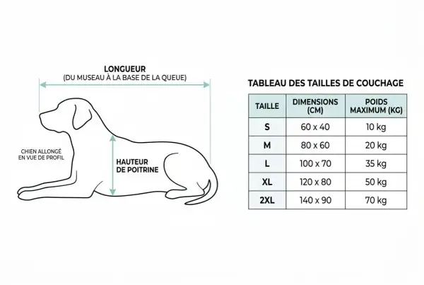 Illustration d'un chien allongé avec mesures et tableau des tailles de couchage.