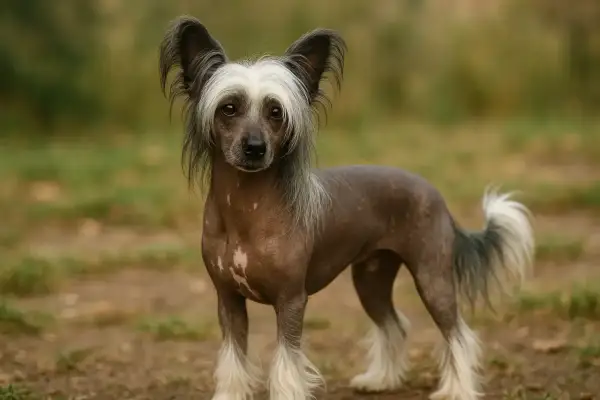 Un chien chinois au poil rare, avec de grandes oreilles et une crinière blanche, se tient dans un champ herbeux.