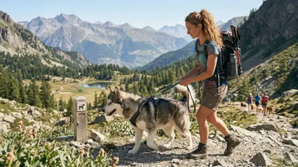 Randonnée en montagne avec un chien, un panneau indique "parc national chien accepté".