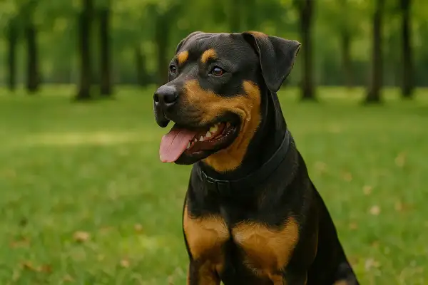 Un magnifique Rottweiler, au poil croisé, profite d'une journée ensoleillée dans un parc verdoyant.