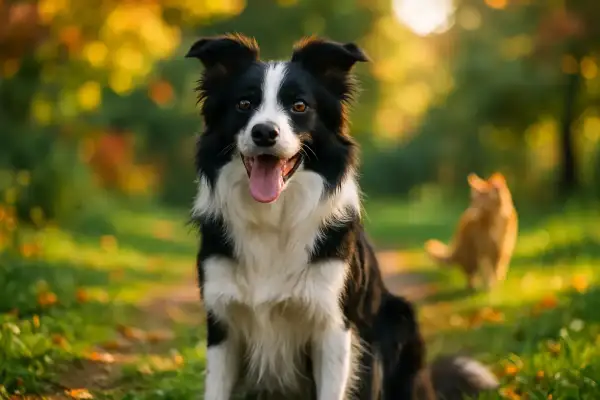 Un border collie attentif, prêt pour l'éducation, observe un chat roux dans un parc ensoleillé.