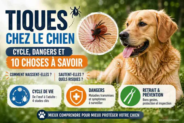 Golden retriever with a tick on its fur. Learn how to remove ticks from your dog and protect them from diseases.