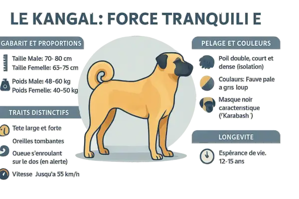 Le Kangal, un chien puissant et imposant, peut sembler dangereux mais est décrit comme calme. Il a un pelage fauve pâle, un masque noir et une queue enroulée.