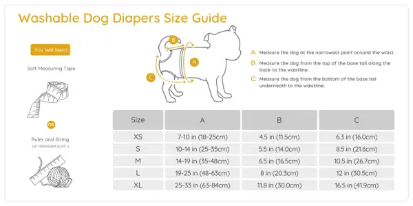 Guide des tailles pour culotte chien lavable. Mesurez votre chien pour trouver la bonne taille.