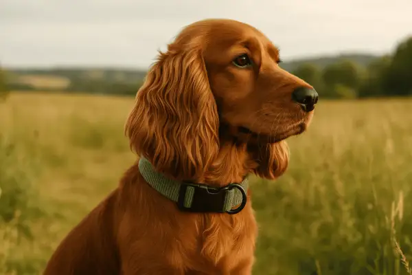 Un adorable chiot cocker roux, portant un collier vert, observe attentivement le paysage champêtre.