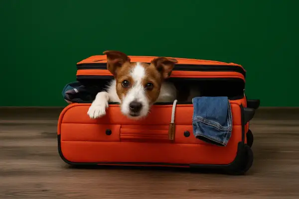 Un adorable Jack Russell est prêt à voyager dans une valise orange. Les chiens sont-ils bien acceptés au Portugal ? Ce petit compagnon semble impatient de le découvrir !
