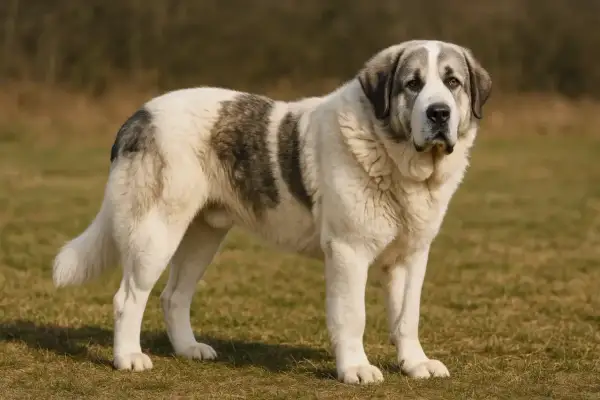 Majestueux chien de garde, digne des montagnes des Pyrénées, se tient sur une prairie.