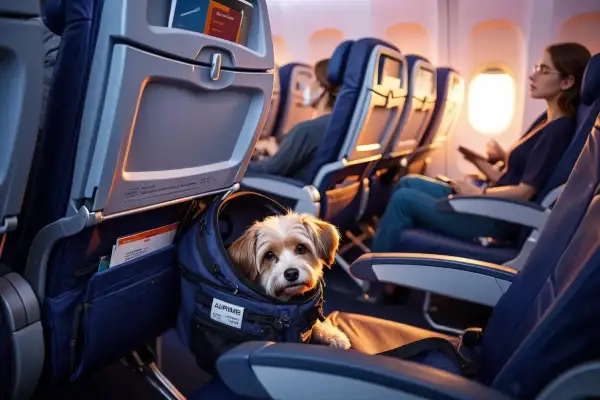 Un adorable chien dans son sac de transport, prêt pour prendre l'avion avec son maître.