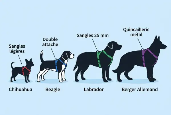 Chihuahua, Beagle, Labrador, Berger Allemand : quel harnais pour chien choisir ? Illustration montrant différents modèles de harnais adaptés à chaque race.