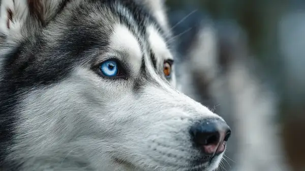 Gros plan sur le visage d'un husky, un œil bleu perçant et l'autre marron. Un aperçu de comment voit un chien, attentif au monde.