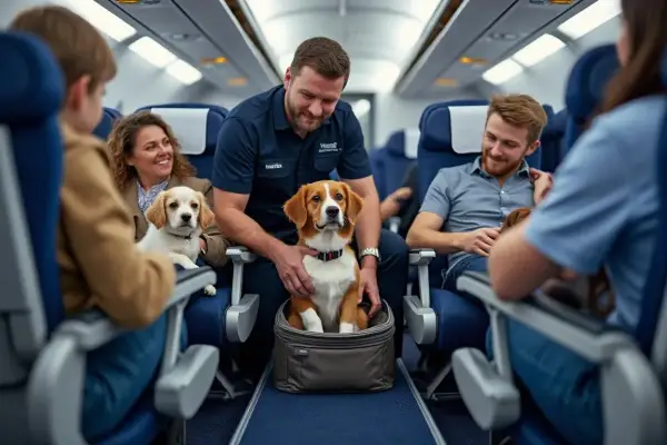 Un membre d'équipage aide des passagers avec leurs chiens à bord d'un avion. Un chien est dans un sac de transport, un autre est sur les genoux d'une passagère. Voyage en **air caraïbes chien**.