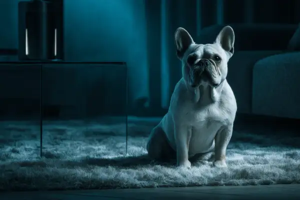 Bouledogue français assis sur un tapis moelleux, l'air anxieux dans la pénombre. Une crise d'angoisse nocturne pour ce chien.