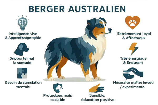 Berger Australien : intelligent, loyal, énergique. Son éducation positive demande un maître investi.