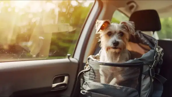 Petit chien dans un sac de transport en voiture, l'air un peu malade, regardant par la fenêtre.