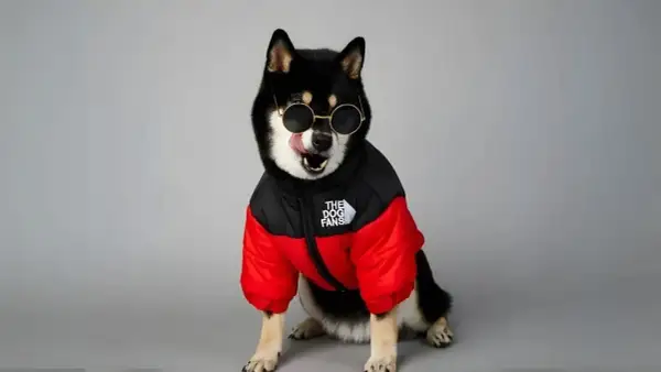 Un Shiba Inu noir et feu porte des lunettes de soleil rondes et un manteau pour gros chien rouge et noir.
