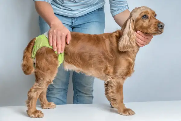 Un cocker spaniel porte une culotte pour chien, peut-être pour gérer ses règles.