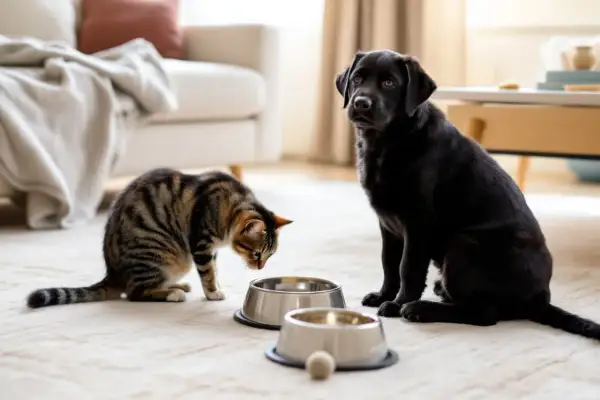 Un chat tigré curieux s'approche d'une gamelle, tandis qu'un jeune chien noir attend patiemment à côté. Une belle amitié chien chat se dessine.