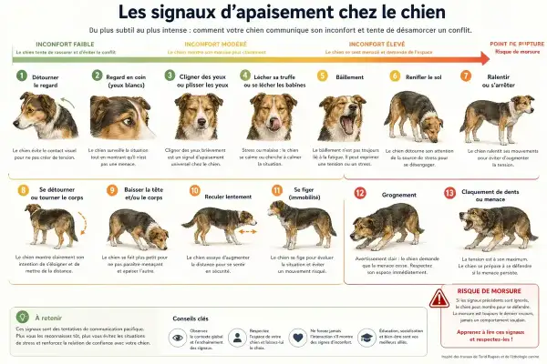 Illustration des signaux d'apaisement chez le chien, essentiels pour la zoothérapie et la compréhension mutuelle.