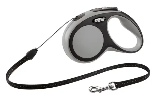 Laisse enrouleur Flexi grise et noire, avec cordon et mousqueton. Idéale pour les promenades de votre chien.