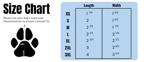 Tableau de guide taille chaussure chien avec mesures de longueur et largeur pour tailles XS à 3XL.