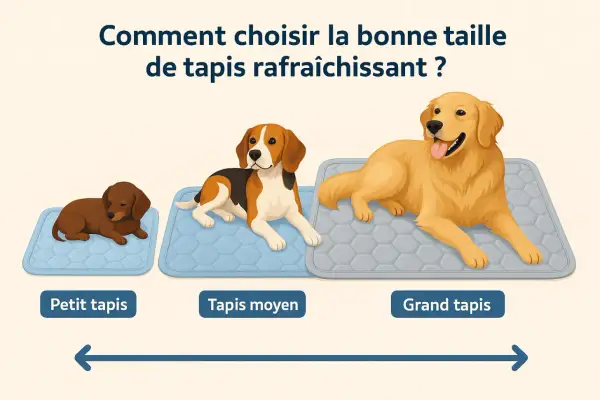 Trois chiens de tailles différentes sur des tapis rafraîchissants sans gel : petit, moyen et grand.